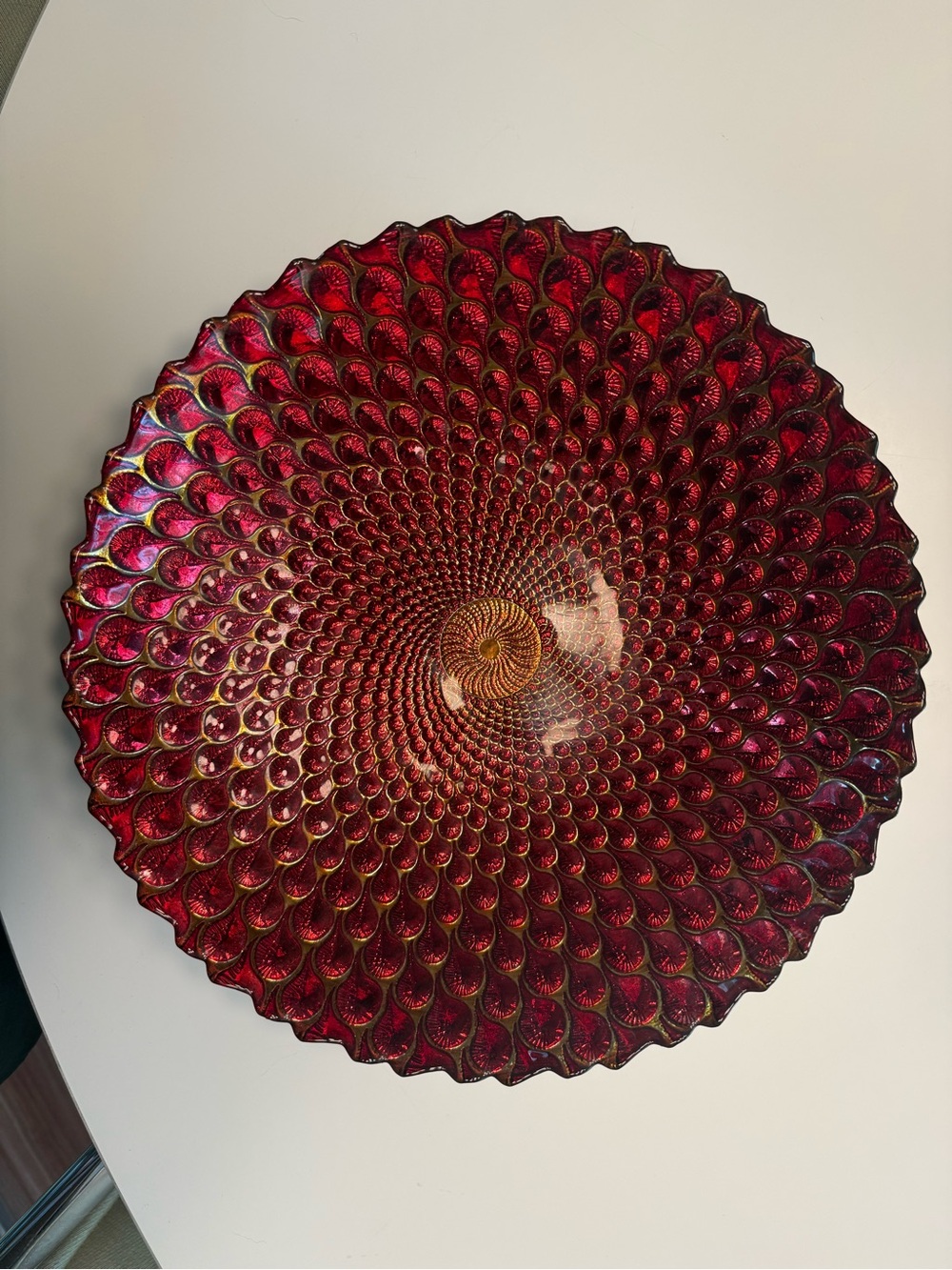 Peacock Design Decorative Red Glass Art Bowl